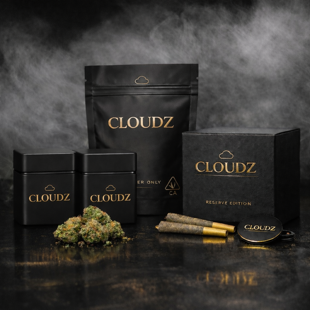 CLOUDZ luxury cannagar collection with matte black packaging and gold typography